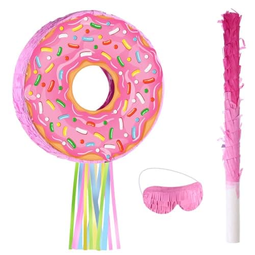 Suilung Pink Donut Piata with String Bat and Blindfold Multicolor Colorful Small Piata for Reveal Shower Donut Grow up Theme Party Birthday Anniversary Party 126 x 126 x 315 Inch