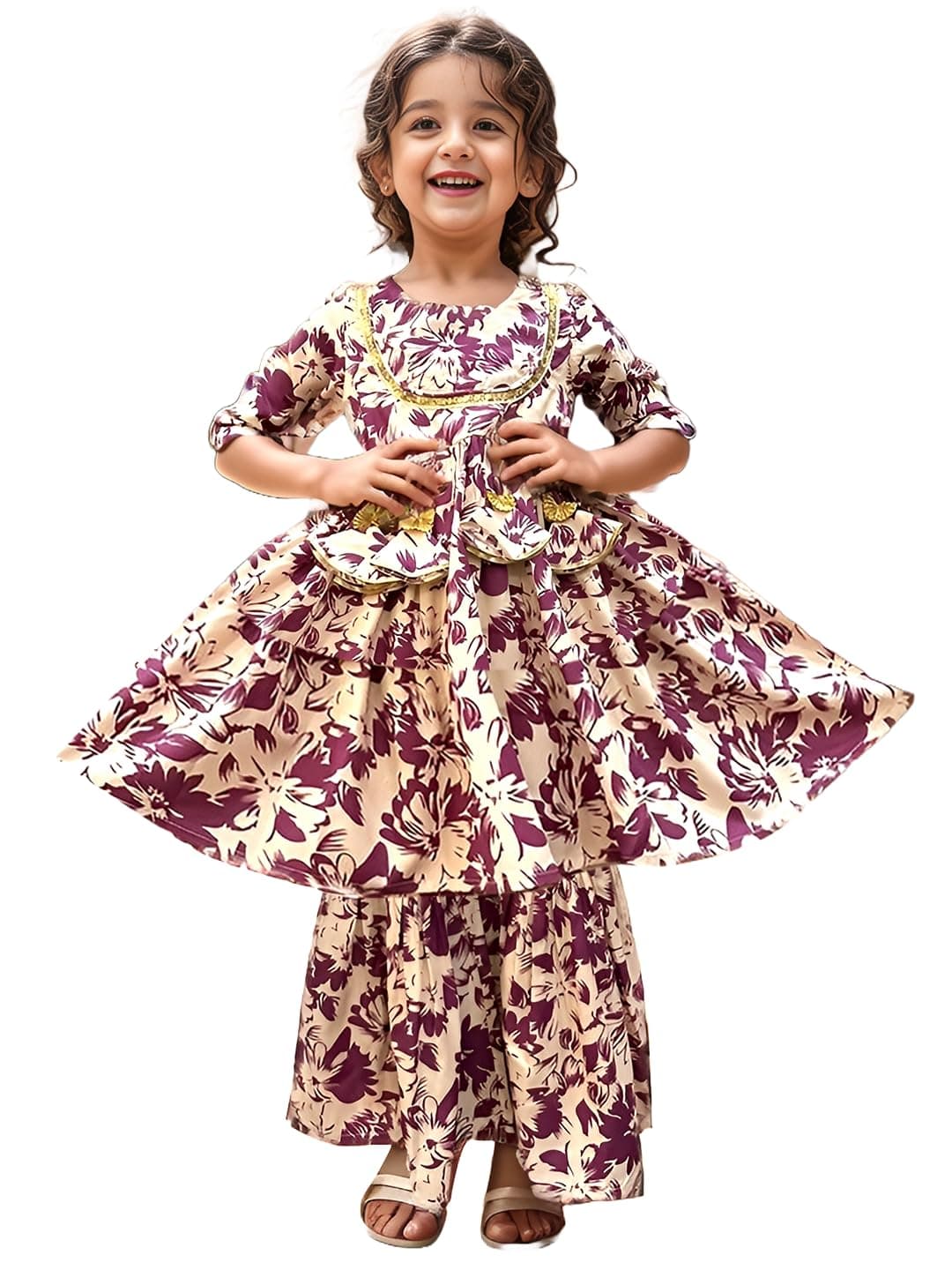 A.T.U.N. (ALL THINGS UBER NICE) A.T.U.N. Girls Ethnic Wear Sharara | Floral Cream and Wine Printed Kurta with Sharara Set for Girls