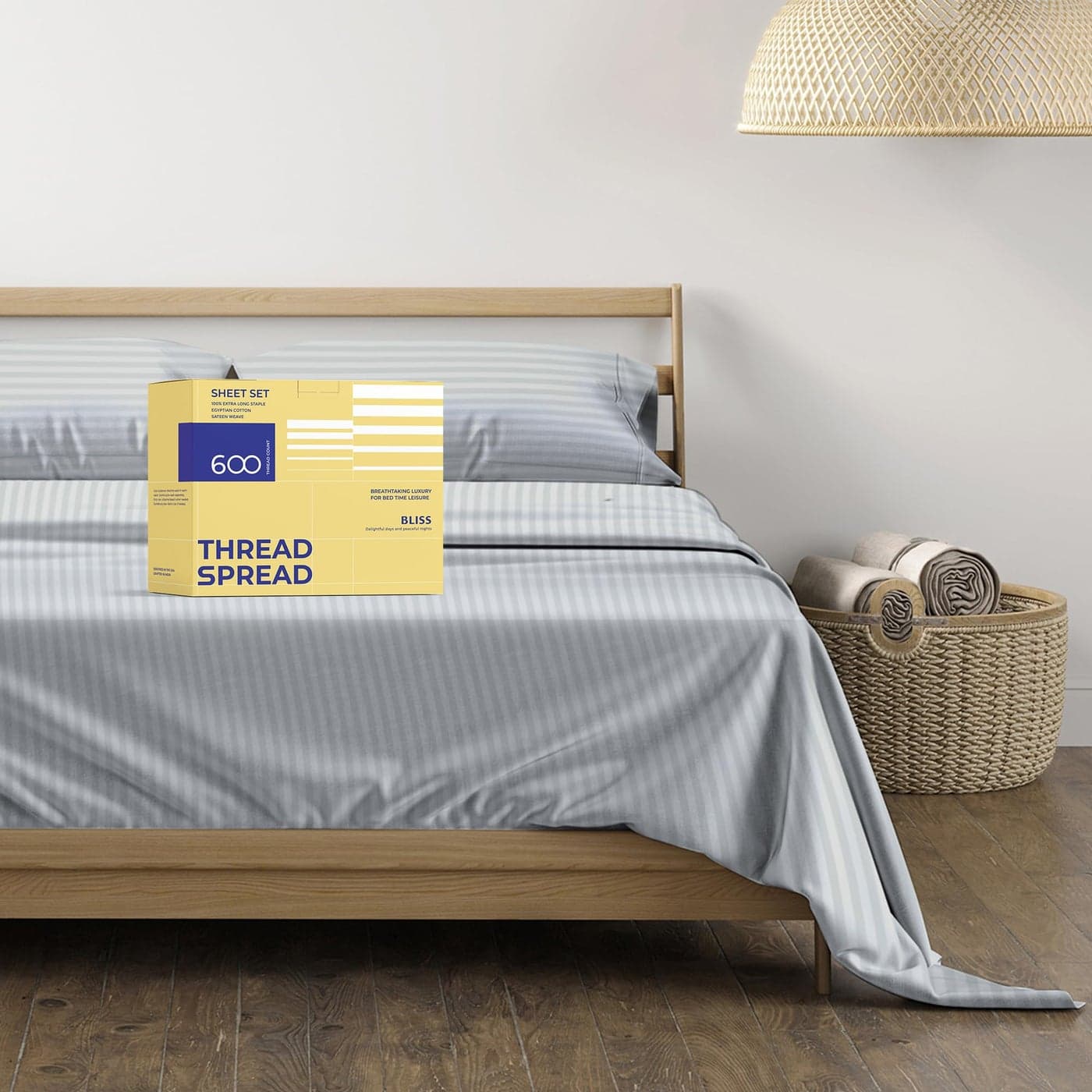 THREAD SPREAD Luxury Egyptian Cotton King Stripe Sheet Set 600 Thread Count Extra Long Staple 4 PC Set King Damask Sheets Soft Cooling Sateen Weave Sheets Upto 18 Deep Pocket Silver Grey