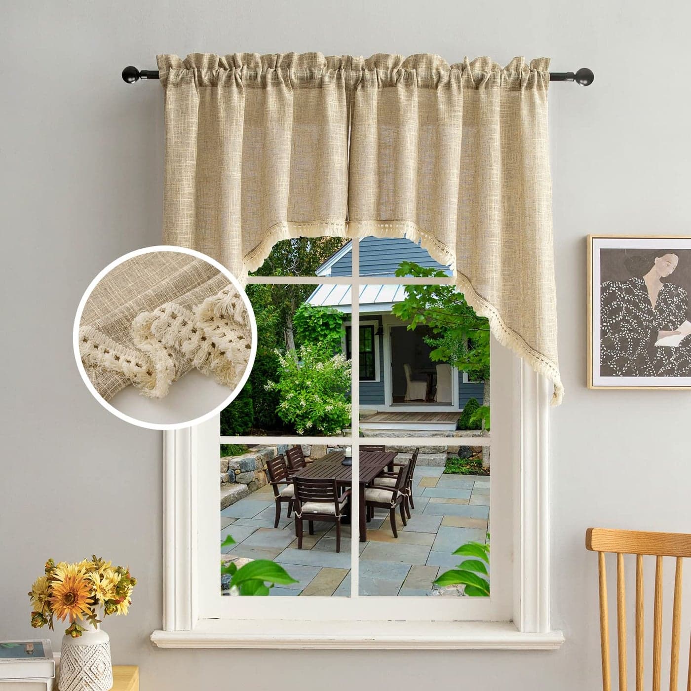 Beda Home Tassel Linen Textured Swag Valances for Farmhouses Kitchen Light Filtering Rustic Short Swag Topper for Small Windows Bedroom Privacy Added Rod Pocket Design Taupe 36 x36 inch 1 Pair