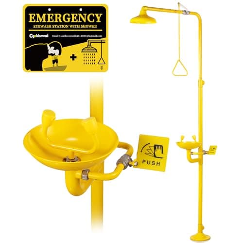 CGOLDENWALL Emergency Shower Eye Wash Station Safty Shower Combination Eye Wash Station with Shower, NPT Thread, with Emergency Sign, 304 Stainless Steel+Yellow Coating