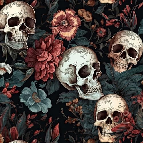 Livelynine 175x276 Gothic Skull Peel and Stick Wallpaper Waterproof Dark Floral Vintage Halloween Wallpaper Renter Friendly Sticky Back Red Rose and Skull Contact Paper Vinyl Teal Skulls and Flowers