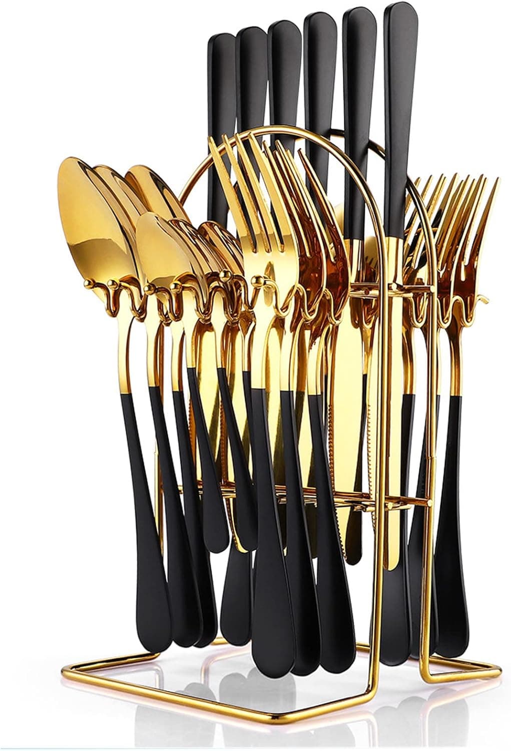 24 Pieces Flatware Set Caliamary Stainless Steel Flatware Set with Silverware Holder Spoons Forks KnivesUtensils Set Service for 6Gold Mirror Polished and Matte Pink Painted Black