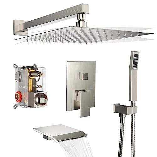 Rain Shower System 12 inch Shower Faucet Set with Tub Spout,Bathroom Wall Mounted Waterfall Shower Head Faucet Sets Complete with Handheld Spray,Rough-in Valve Body and Trim kit,Brushed Nickel