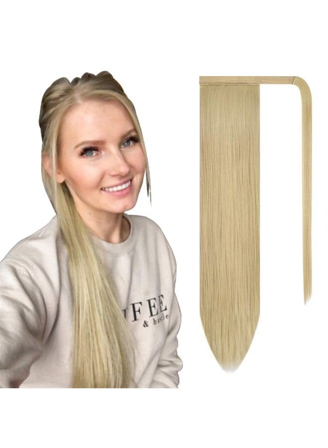 24 inch Ponytail Extension Long Straight Wrap Around Clip in Synthetic Fiber Hair for Women - Light Blonde mix Bleach Blonde Evenly