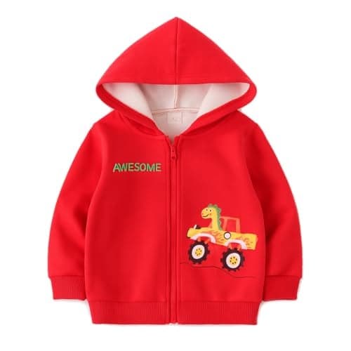 Bold N Elegant Kids Winter Warm Fleece Dinosaur Print Front Open Regular Fit Zipper Hoodie Sweatshirt Jacket for Baby Boys & Girls (6-12 Months, Red)