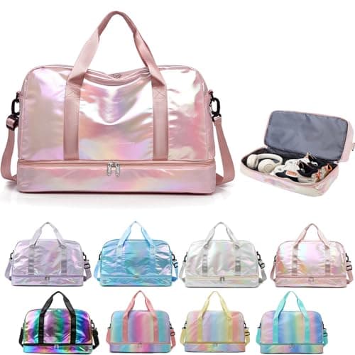 Holographic Shimmering Gym Duffle Bag with Shoes Compartment Wet Pocket Women Weekend Overnight Travel Bag Gymnastic Dance Bag for Girl pink