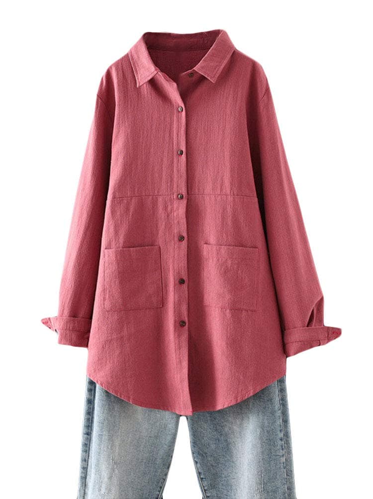 Minibee Women's Linen Shirts Button Down Long Tunic Tops Plus Size Blouse with Pockets Red XL