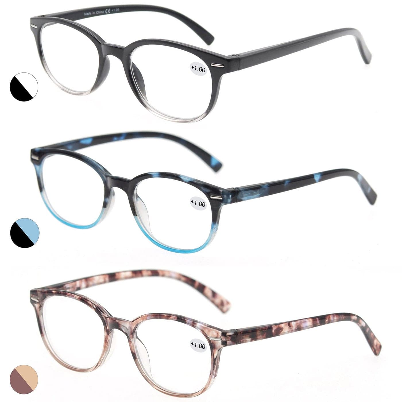 MODFANS Reading Glasses 225 Women 3 Pack Spring Hinge Fashion Round Stylish for Reading with Pouch