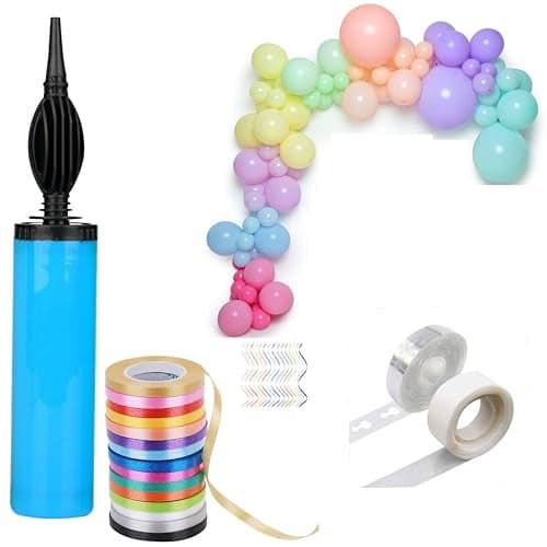 GRAND SHOP Rubber Pastel Balloons Arch Strip Glue Dot Tape Curling Ribbon Balloon Pump Party Decoration Kit Of 59 Pcs