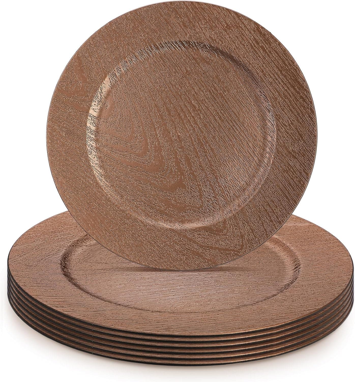 Mifoci 6 Pcs 13 Dark Brown Boho Faux Wood Plastic Charger Plates Faux Wood Chargers for Dinner Plates Round Rustic Wedding Party Service