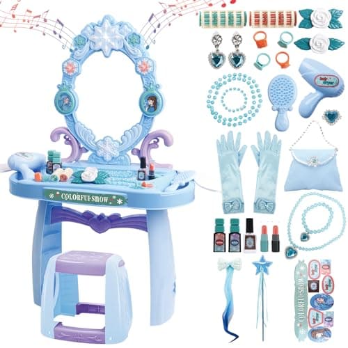 deAO Toddler Vanity Makeup Table Toy with Mirror ChairKids Vanity with LightMusicPretend Play Makeup Toy with Hair Dryer ToyToddler Beauty Salon SetGift for Girls 3 4 5