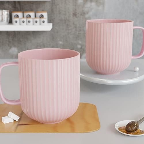 The Earth Store Coffee Mug Set of 2 Ceramic Mugs to Gift to Best Friend, Tea Mugs, Microwave Safe Coffee Mugs, Ceramic Tea Cups (330 ml Each, Fringe Pink)