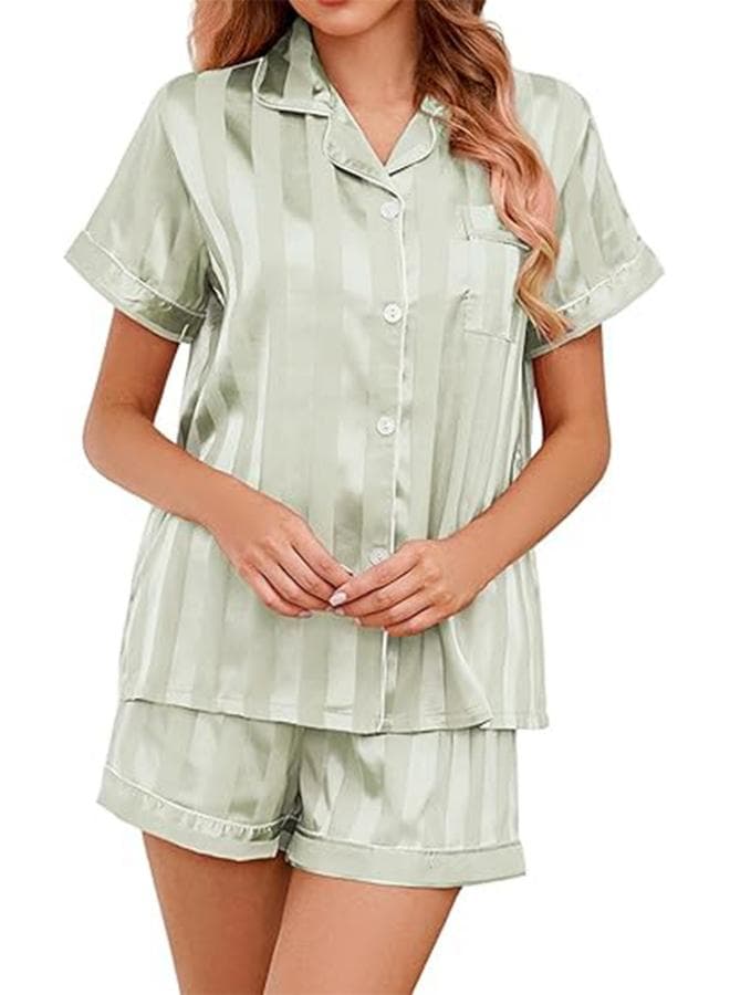 Green Striped Pattern Piping Shirt and Shorts Set