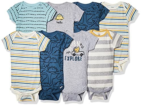 Gerber Baby 8-Pack Short Sleeve Onesies Bodysuits, Dinosaur Blue, 12 Months
