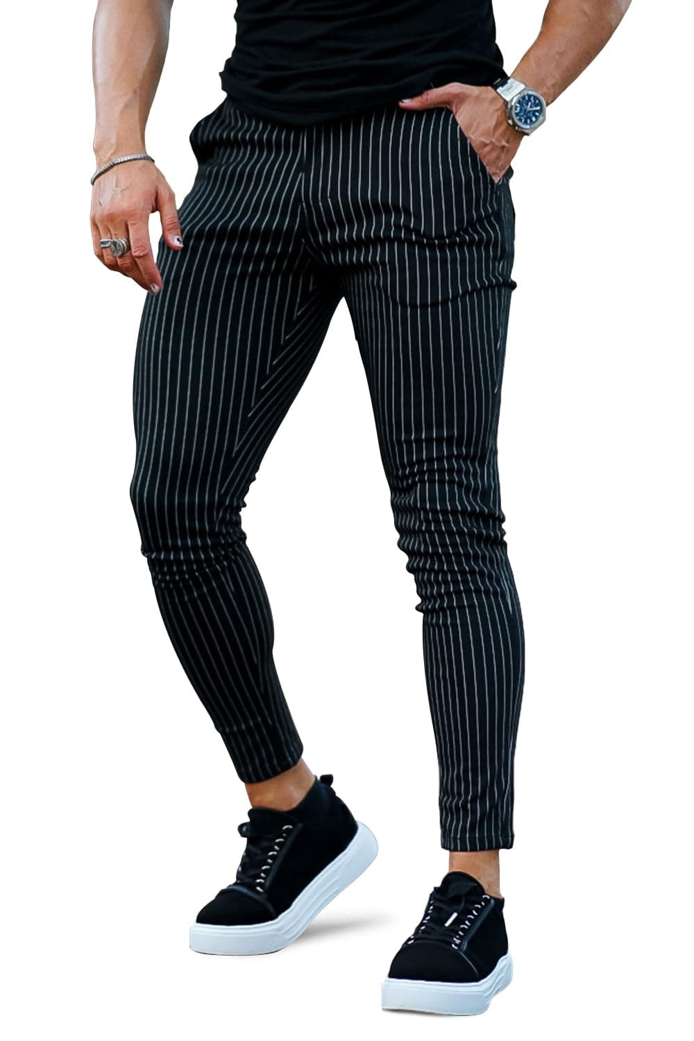 GINGTTO Mens Chino Pants Slim Fit Stretch Pinstripe Pants Men Dress Black Skinny 34Wx30L