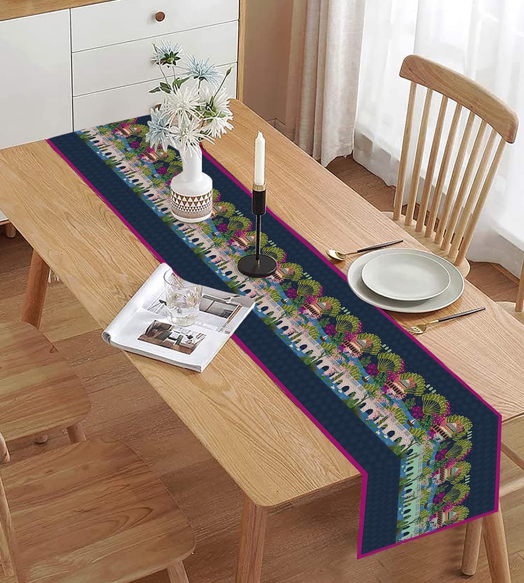 homewards Digitally Printed Jalmahal Blue Table Runner Size 13X72 inches