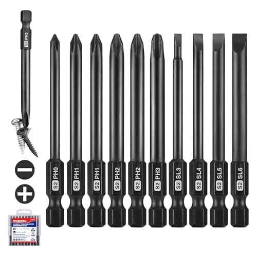 WORKPRO 10pcs Slotted Phillips Screwdriver Bit Set, S2 Steel Magnetic Screwdriver Bits Set, CNC Machined Tips, 1/4 Inch Hex Shank Driver Bits, 3 Inch Long Screwdriver Bits Set with Storage Box