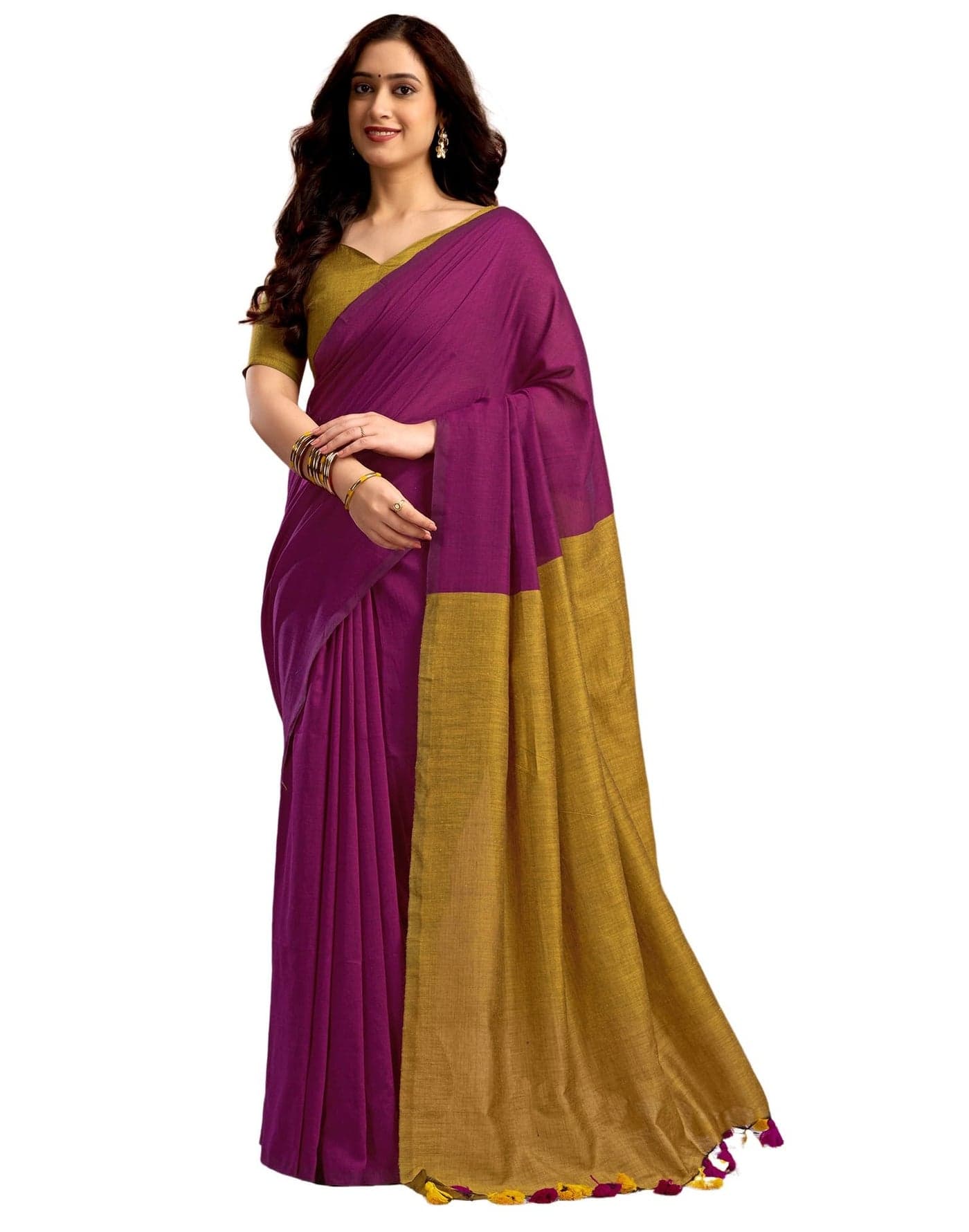 SIRIL Women's Cotton Linen Plain Saree With Unstitched Blouse Piece (4308S106_Wine)