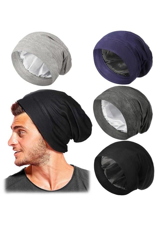 4 Pcs Satin Lined Sleep Bonnet Silk Sleep Cap Slouchy Beanie Hat Night Sleeping Head Wrap for Women Men Curly Hair(Dark Colors)