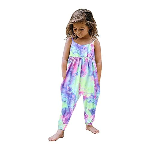 GLIGLITTR Toddler Baby Girl Jumpsuit One Piece Dinosaur Sleeveless Strap Romper Harem Pants with Pockets Summer Outfits Clothes (Purple Tie Dye, 18-24Months)