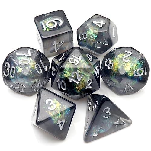 Haxtec DND Dice Set 7PCS Resin Dice Set Black with Iridescent Mylar Inclusion Polyhedral DD Dice for Roleplaying Dice Games Compatible with Dungeons and Dragons