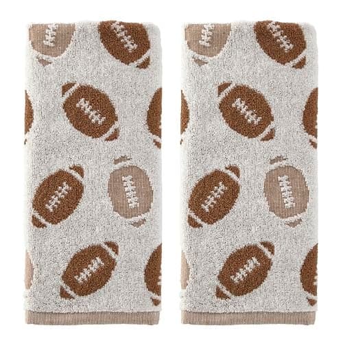 SKL Home Fall/Autumn Football Jacqaurd 100% Cotton 2pc Hand Towel Set for Bath/Kitchen/Bar & Gift, Tan