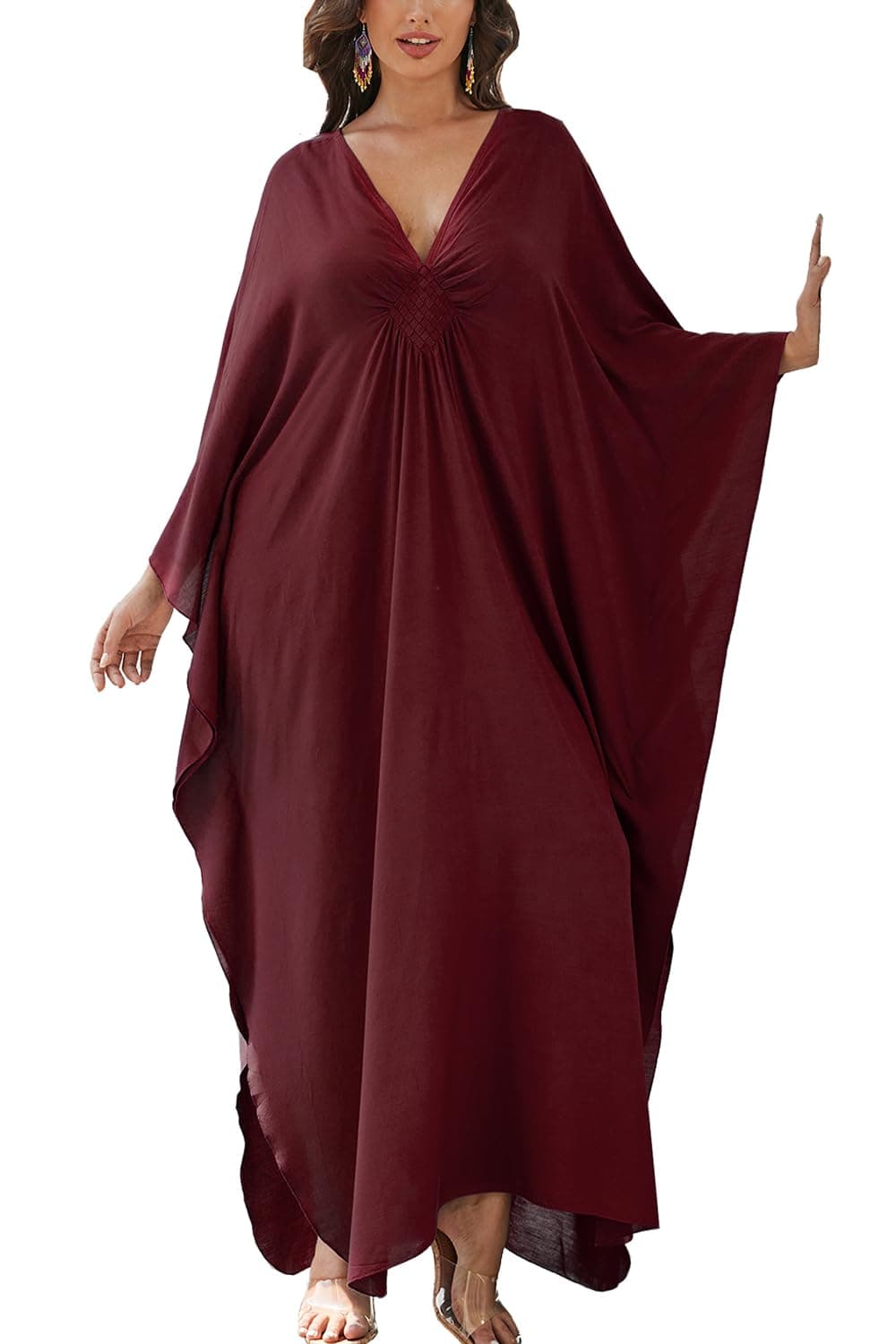 YouKD Women's Solid Color Bohemian Kaftan Dress Beach Cover Ups Plus Size Bathrobes One Size
