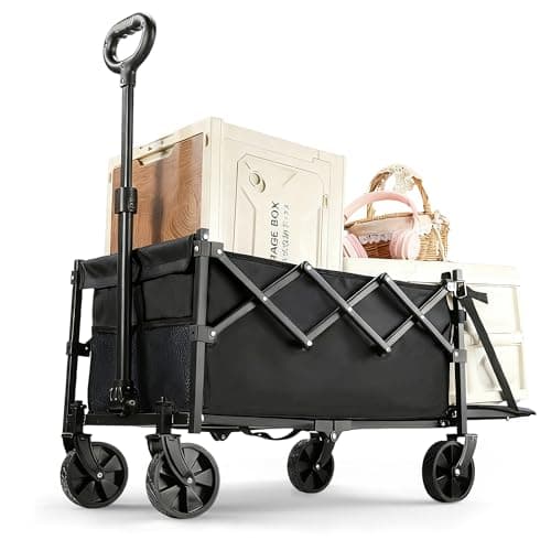 XMT 100L Folding Wagon Cart Push & Pull Beach, 350 lbs Weight Capacity Heavy Duty Folding Beach Wagons with Big All-Terrain Wheels & Drink Holders for Groceries, Shopping, Camping, Sports - Black