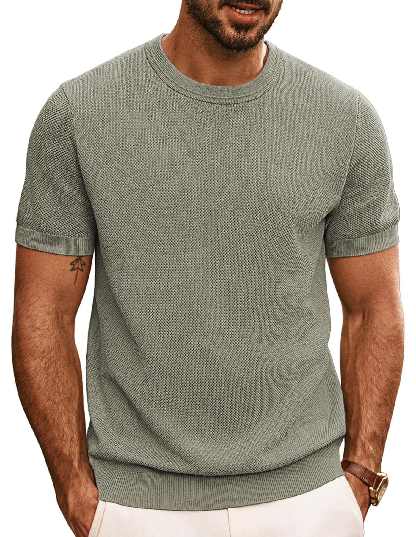 PJ PAUL JONES Men Knit T-Shirts Short Sleeve Solid Shirt Tees Summer Comfort Tee Shirts Khaki Green