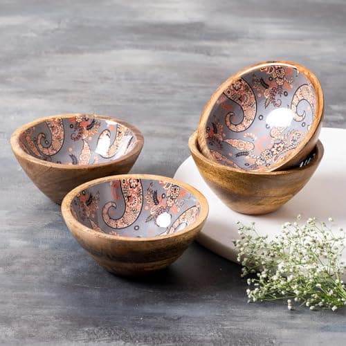nestroots Wooden Serving Bowls | Set of 4 Grey Printed Multipurpose Snack & Dry Fruit Bowls | 6 iches Handcrafted Dining Essentials