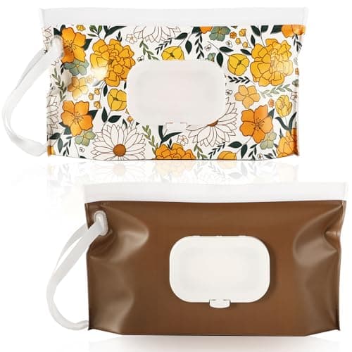 FEBSNOW 2 Pack Baby Wipes Dispenser Portable Refillable Wipe Holder Baby Wipes Container Travel Wipes Case Reusable Wet Wipes Pouch Floral Brown