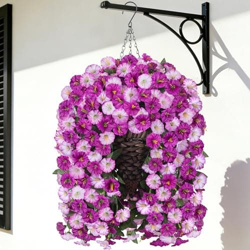 MJFloria Artificial Fake Flowers Plants Hanging Baskets Outdoor Outside Spring Decor, Faux Silk Light Fuchsia and Fuchsia UV Resistant Look Real Morning Glory Home Patio Porch Balcony Decoration