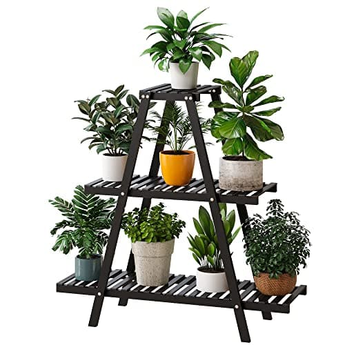 Furshus Bamboo Plant Stand IndoorOutdoor 3Tier Black Rectangular 8 Potted Flower Holder Ladder Plant Rack
