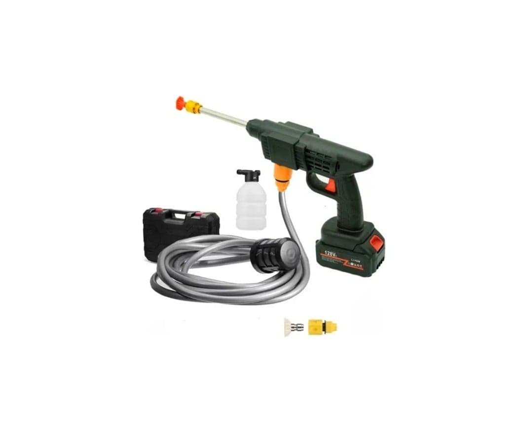 Cordless Pressure Washer Gun 128V Li-Ion Battery with Foam Bottle | Portable Car Wash, Includes Carry Case Multiple Nozzles Self-Priming Pump Rechargeable Battery