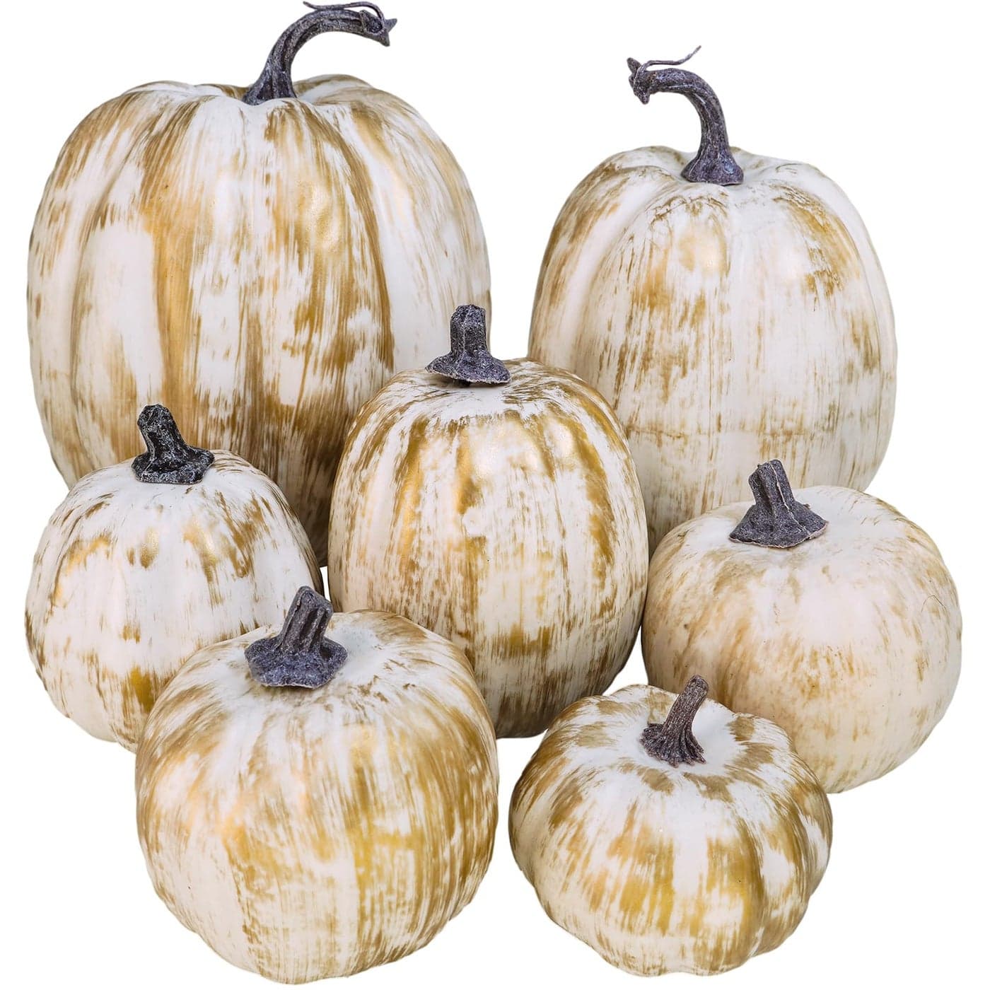 7 Pcs Assorted Sizes Fall Artificial Pumpkins Harvest Pumpkins Faux Foam Pumpkins for Fall Autumn Season Halloween Thanksgiving Harvest Holiday Season Festive Tabletop Decoration Gold Brush White