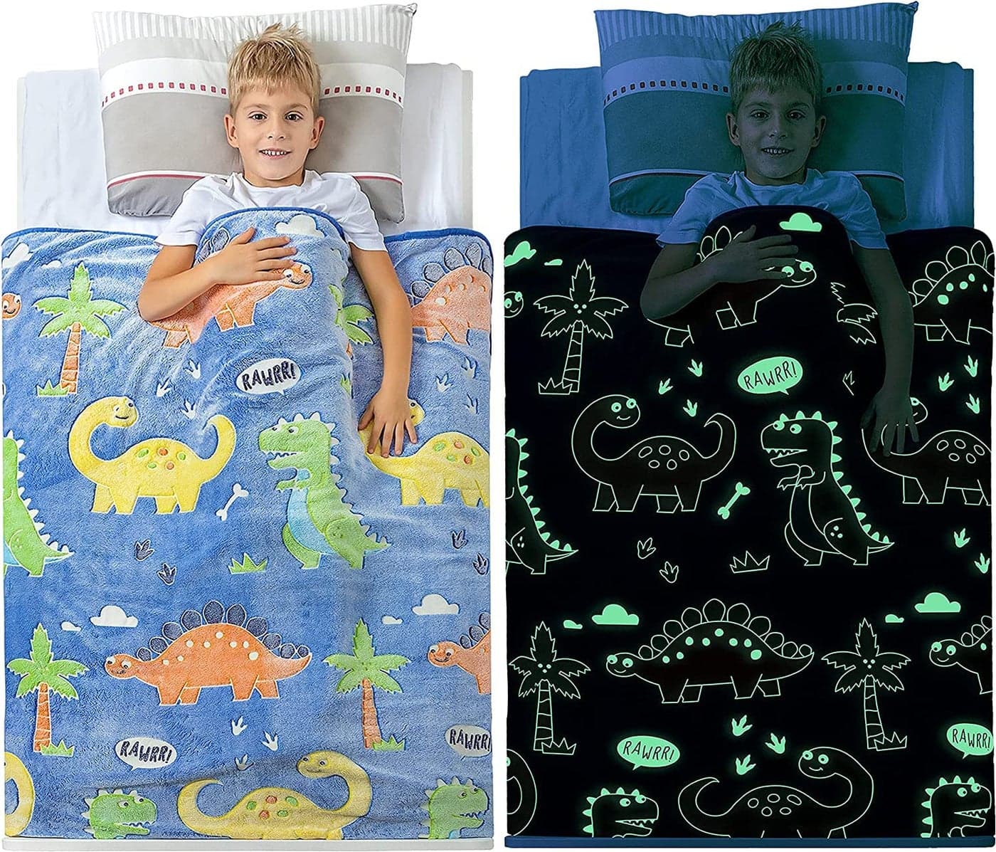 BLiSS HUES Glow in The Dark Blanket Gifts for Toddler Kids Teen Girls| 200cm x 150cm |Bedroom Décor, Lightweight Throw Blankets|Soft Cozy Fluffy Luminous Throw Blanket - Blue Dino - 2