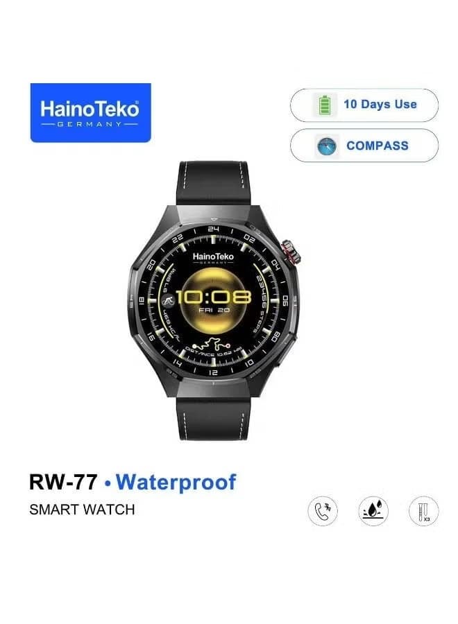 HainoTeko RW-77 Smart Watch AMOLED HD Display | Bluetooth Calling Smartwatch, Waterproof Fitness Tracker, 10-Day Battery Life, Heart Rate & Activity Monitor, 3 Interchangeable Straps, Smart Watch for Men & Women, Compatible with Android & iPhone – Black