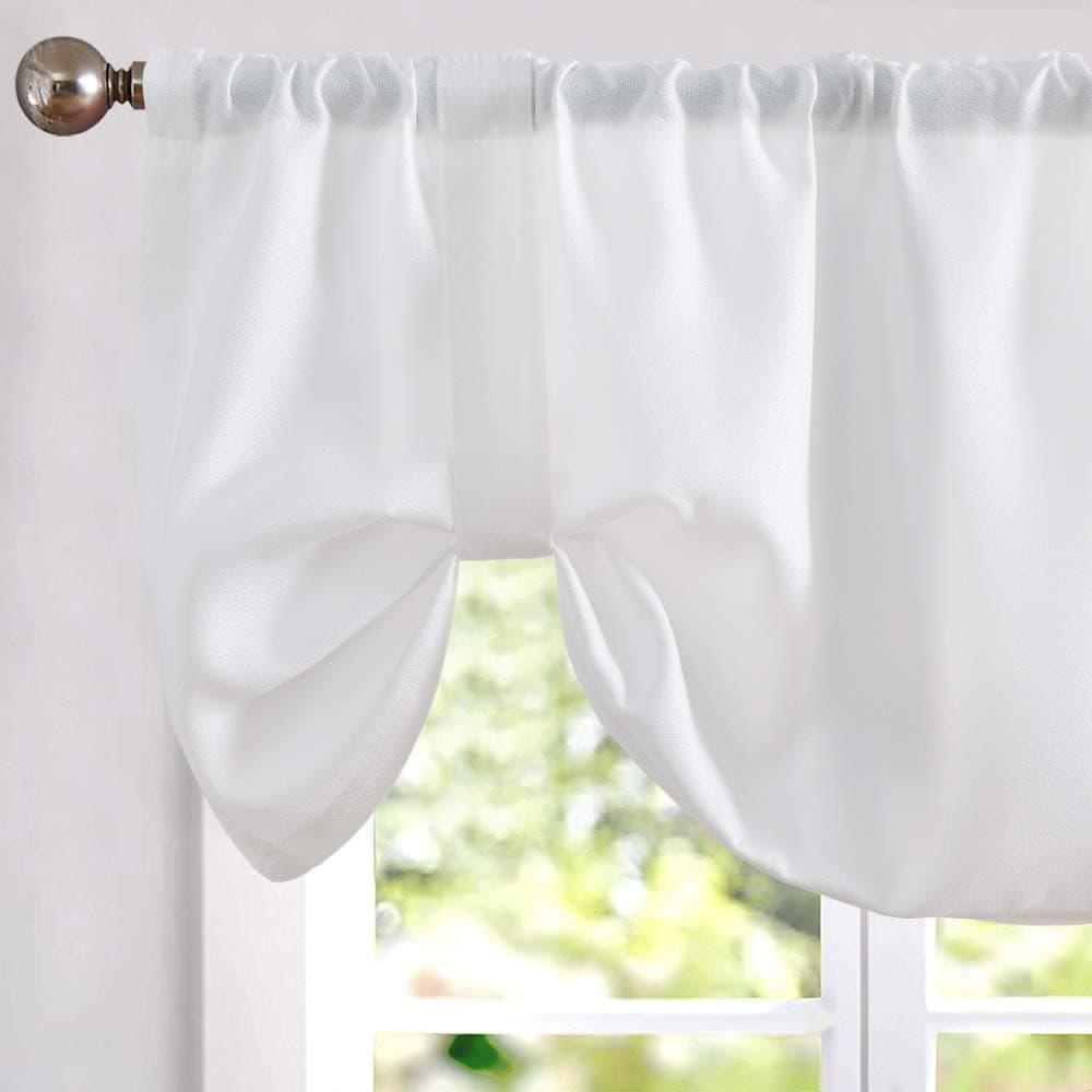 jinchan Tie Up Shade Valance Curtains Faux Linen Textured for Kitchen Window for Living Room 20 Inch Light Filtering Adjustable Tieup Shade Farmhouse Window Valance Rod Pocket 1 Panel White