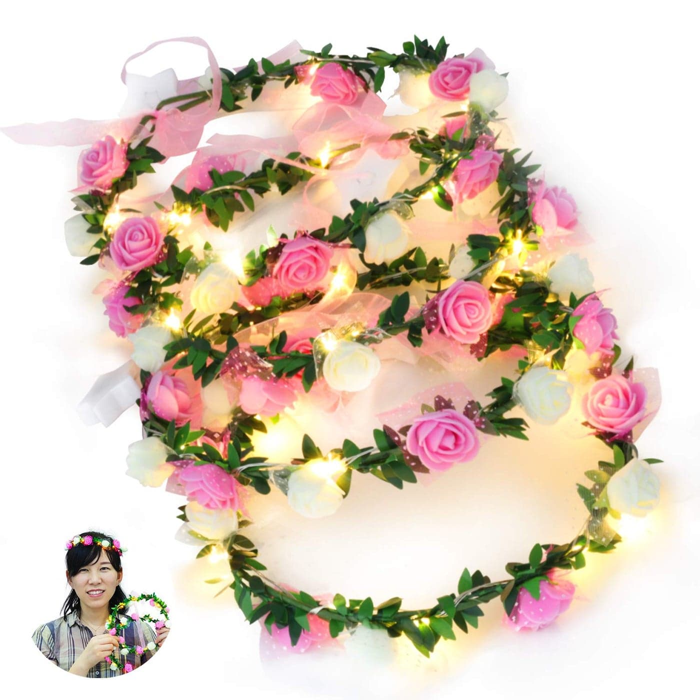 Novelty Place 4Pcs Light Up Flower Crown Headbands LED Floral Wreath Crown LED Hair Accessories for Girls Women Wedding Birthday Festival Party