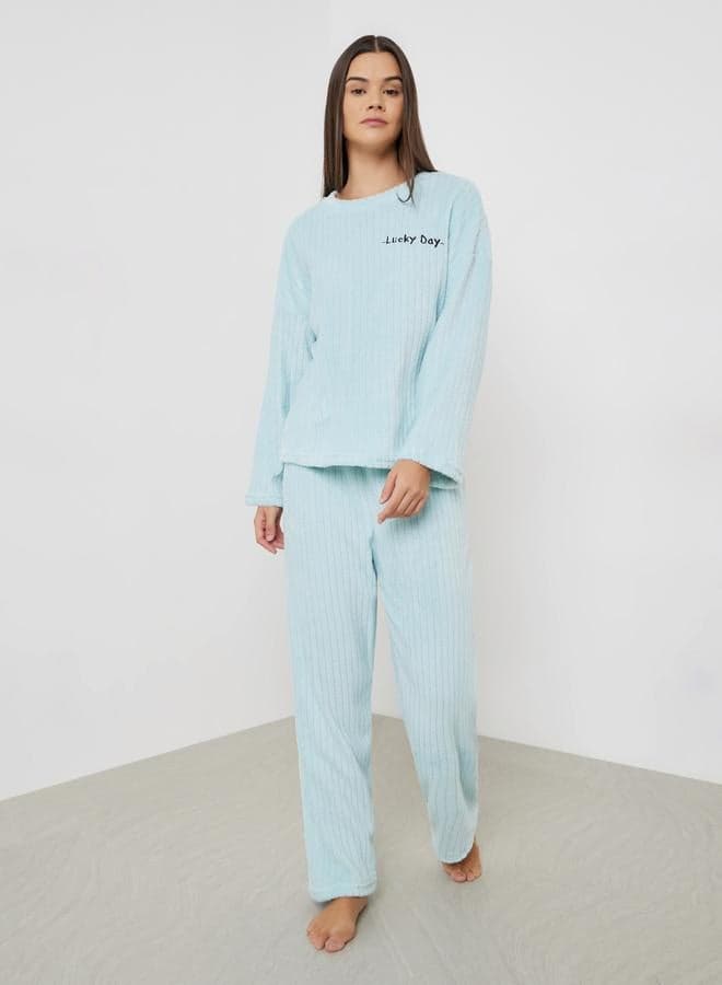 Blue Self Striped Fleece Long Sleeve Top and Pyjama Set