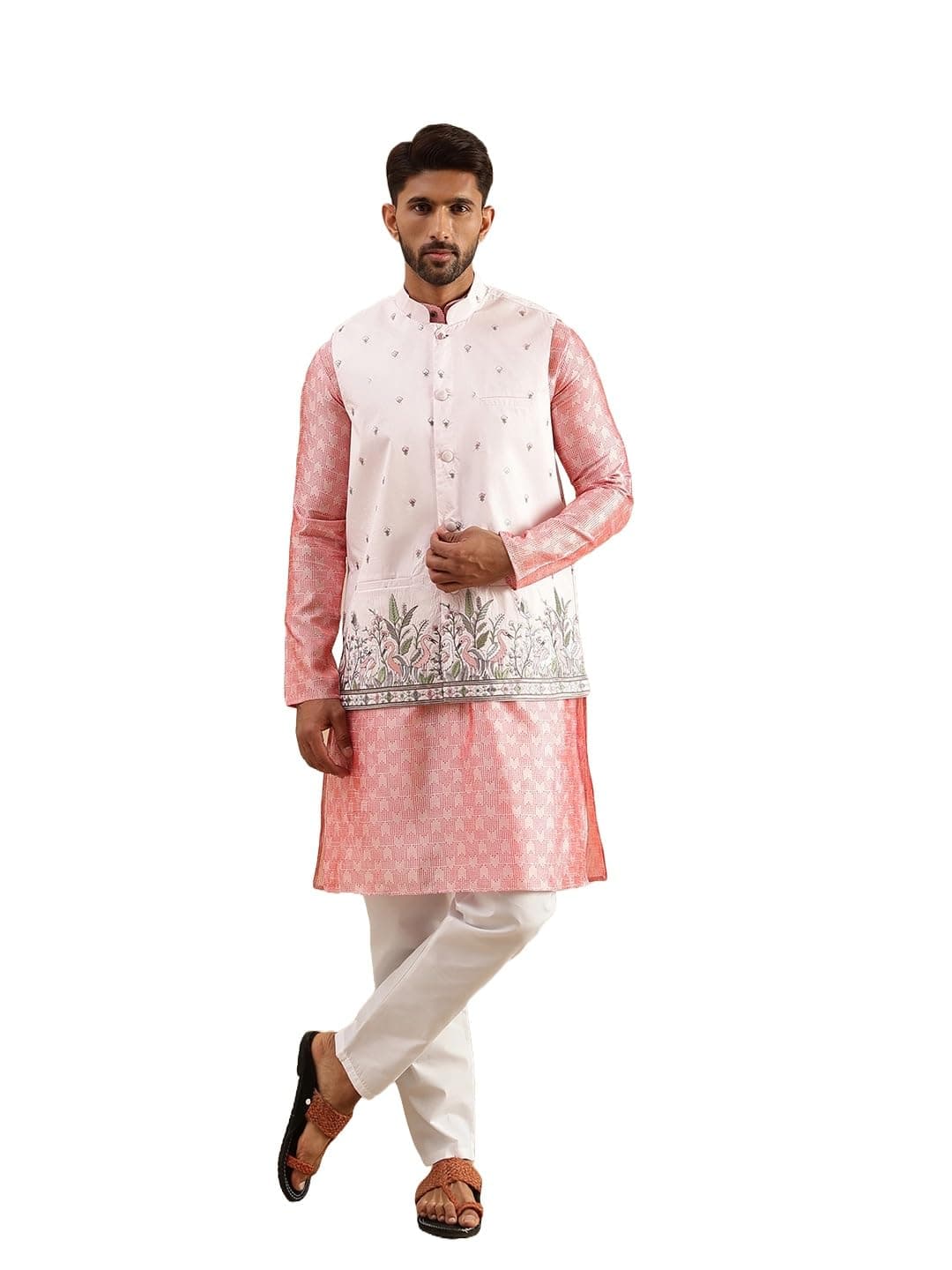 SOJANYA Men's Jacquard Silk Peach Kurta & White Pyjama With Daman Embroidered Pink Nehru Jacket