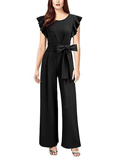 Knitee Women's Vintage Sleeveless Ruffle High Waist Wide Leg Romper Formal Long Jumpsuit with Belt (Black, Small)