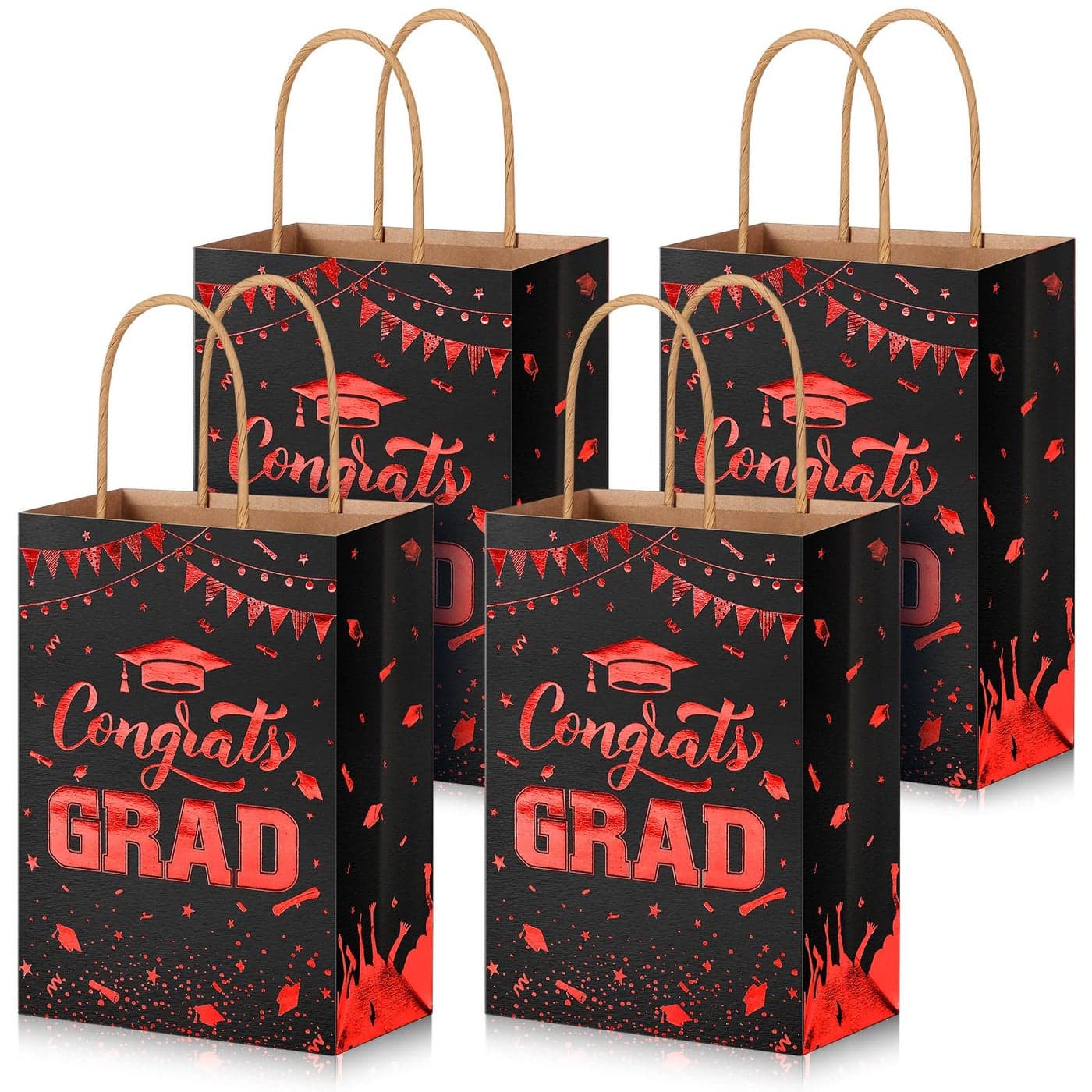 PerKoop 12 Pcs Graduation Gift Bag 2025 with Handles Red Congrats Grad Bags Paper Treat Bags Graduation Party Favor Supplies Candy Goodie Decorations for College High School 8 x 6 x 3 Inch
