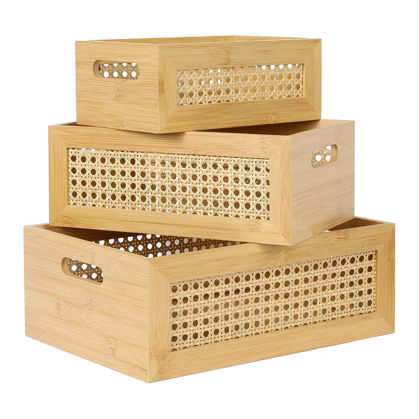 ANMINY Rattan Storage Basket Set of 3 Natural Bamboo Wooden Baskets with Handles Desktop Decorative Wicker Storage Basket Wood Nesting Crates Home Sundry Office Drawer Shelf Organizer