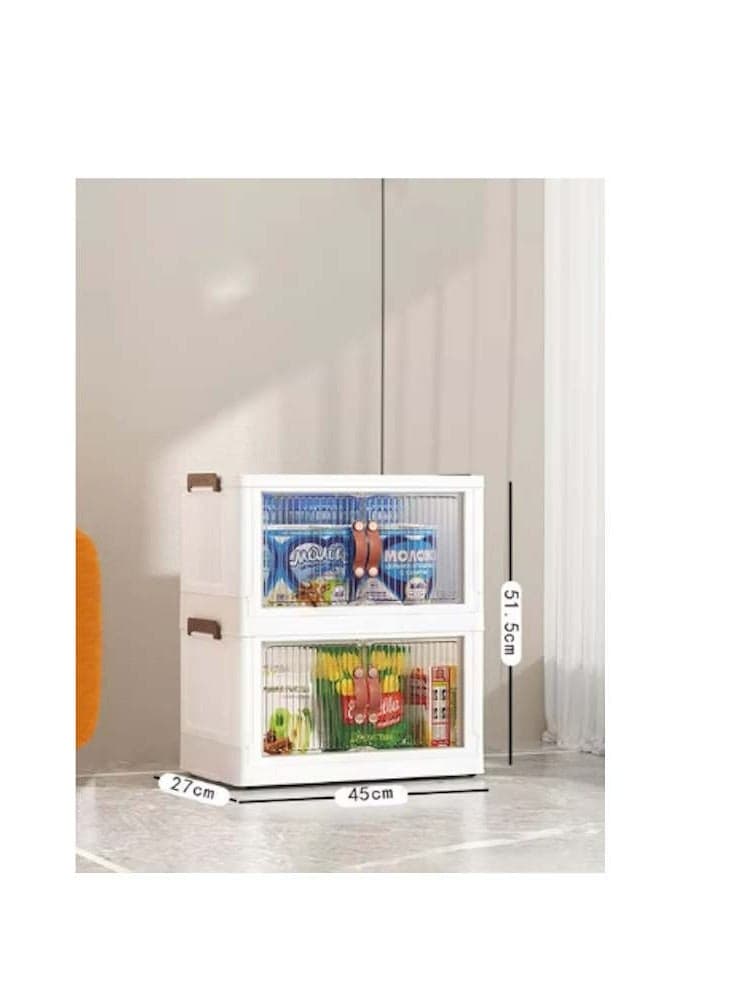 Folding Portable Cabinet Storage Bins Kit Stackable Organizer Box with Caster Wheels Collapsible Toy Storage with Double Door 2 layers
