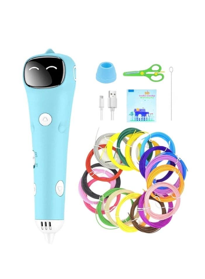 3D Printing Pen Set, 1.75 mm PCL Filament, 20 colors, scissors, Smart Voice Prompts, Low Temperature, dredging needle, pen holder, USB Included, sketchbook, blue