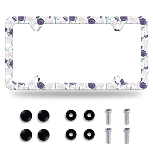 White Purple Tulips Flower License Plate Frame Beautiful Floral License Plate Frames Stainless Steel Accessories Cars Decor with 4 Holes and Screws Fits Standard US CA Vehicles Size 122 x 6 Inches