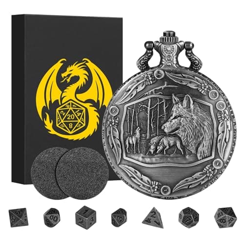 Mini DND Dice Set with Steampunk Wolf Pocket Watch Shell Case 7pcs Polyhedral Metal DD Dice Set DND Gifts with Gift Box for Gamer Role Playing Board Games Accessories Dark Silver