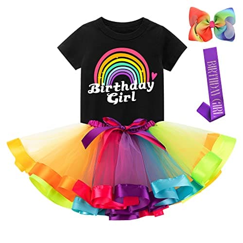 K-Acc Rainbow Birthday Girl Outfit – Shirt, Tutu Skirt, Hair Bow, Satin Sash – Costume for Girls Birthday Party (7 Years, Rainbow 2)